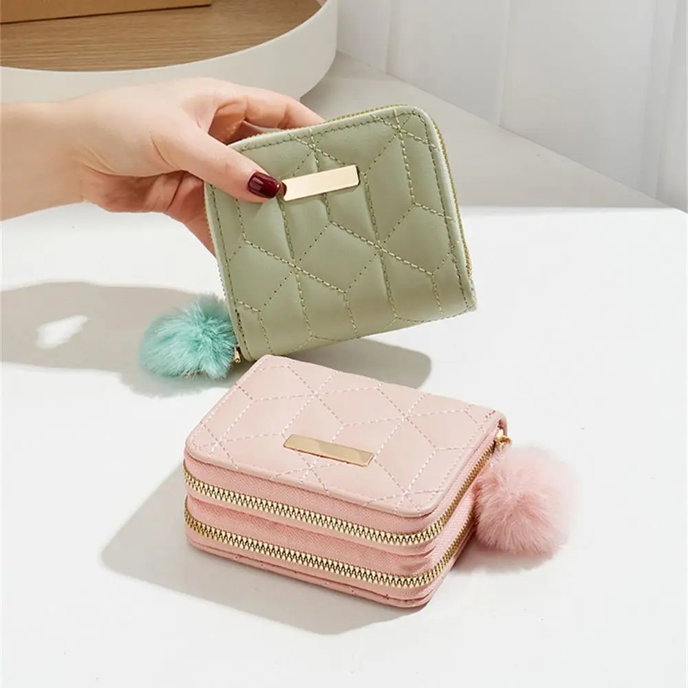 Pu Leather Short Wallet Large Capacity Solid Color Coin Purse Double Zipper Pocket Accordion Card Slots Credit Card Holder