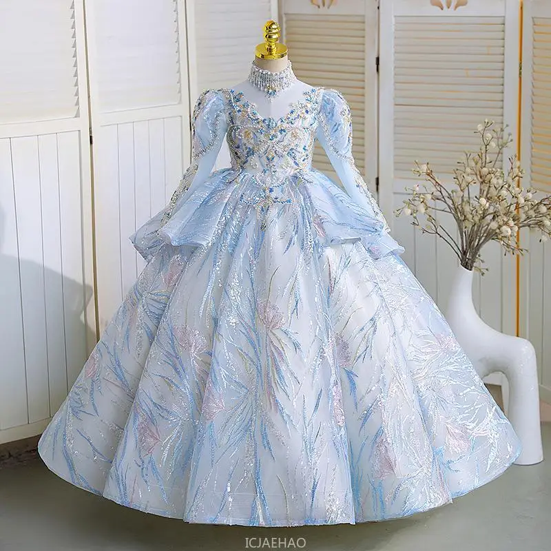 Party Dress Long Sleeve Puffy Princess Girls Pageant Host  Flower Girl Formal Party Wear Gown Piano Recital Performance Outfit