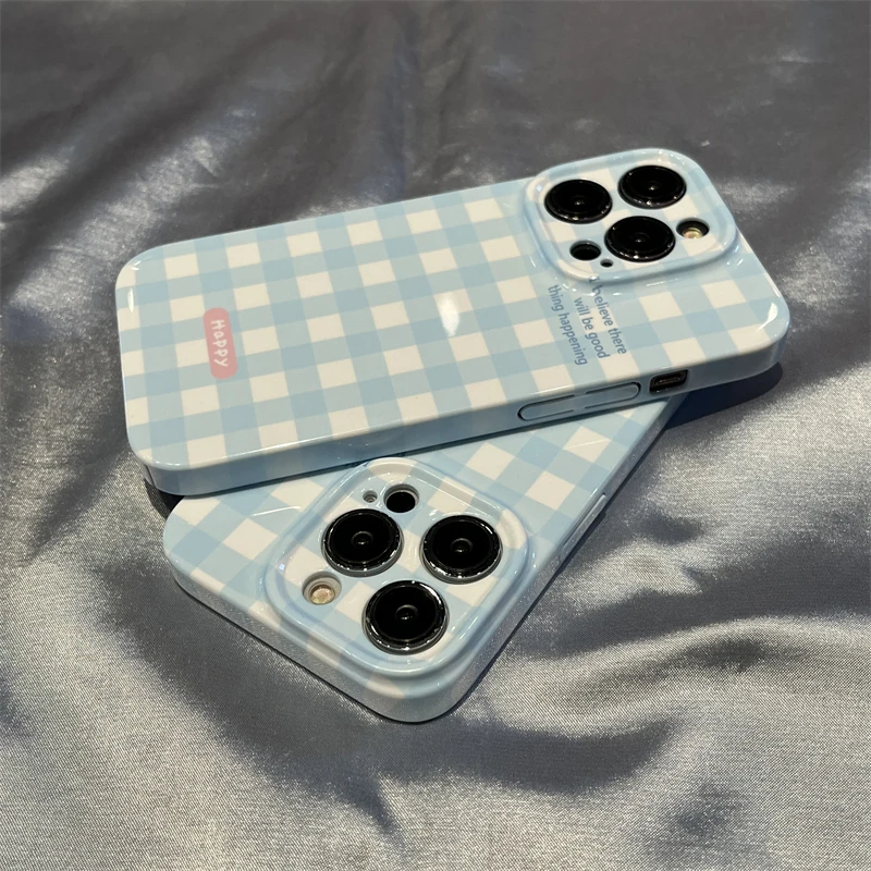 Case for IPHONE13PROMAX 14PROMAXIPHONE15 15PLUS 15PROMAX simple and cute blue and white plaid acrylic hard mobile phone case