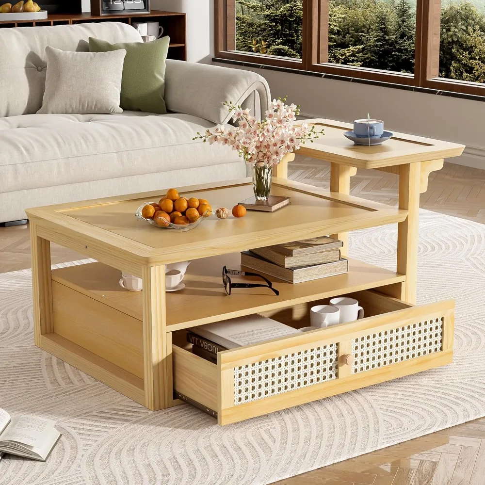 

Square Modern Coffee Table with Storage Shelf, 2 Tabletops and Rattan Drawer, Wood Coffee Table for Living Room Furniture