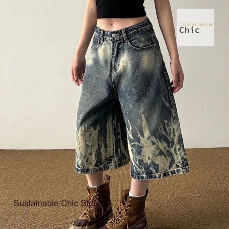 

American retro tie-dyed lightning pattern denim cropped pants women's summer design sense niche loose high waist wide-leg pants