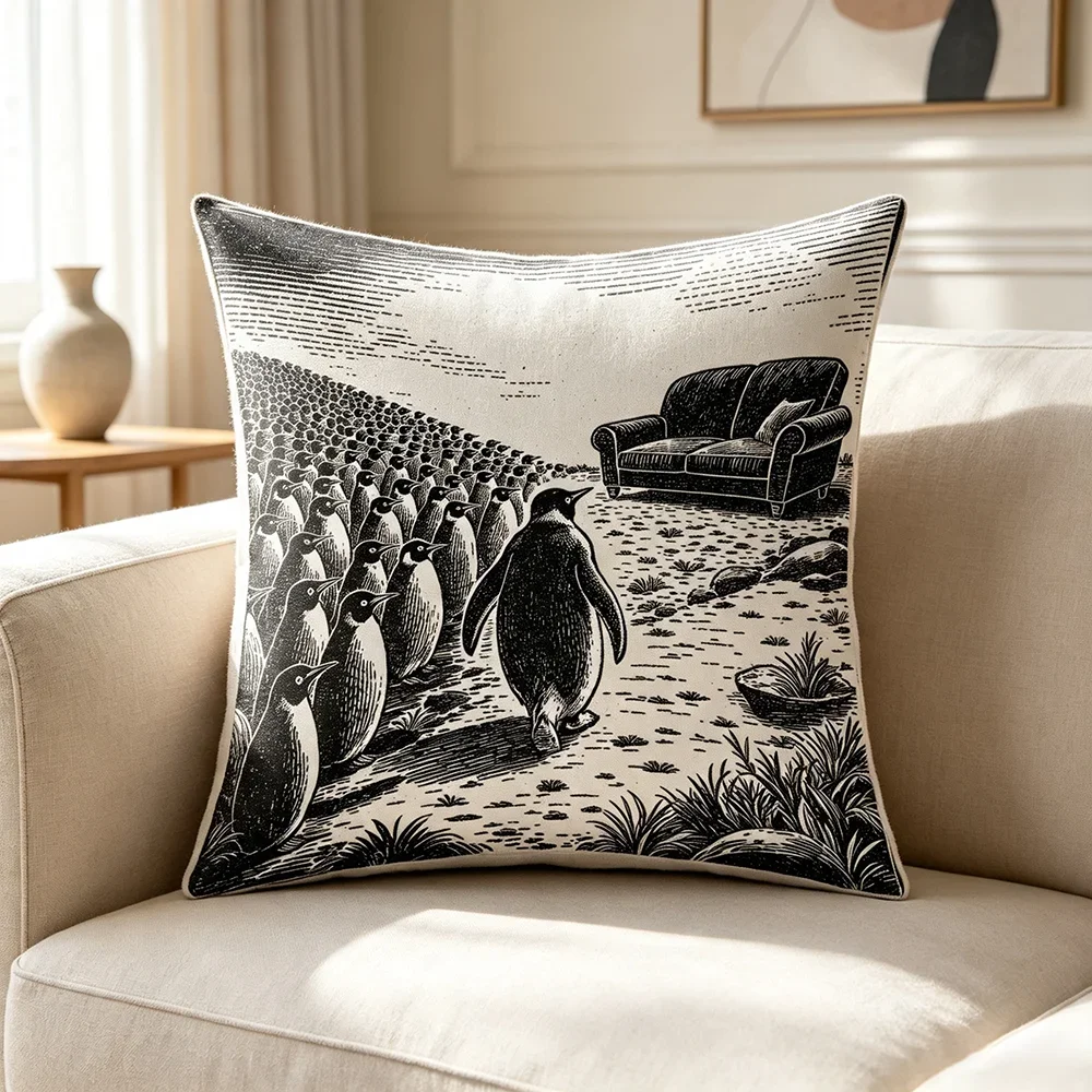 1PC Digital Print Pillow Cover, Black White Woodcut Penguin Marching to Sofa, Surreal Art Cushion Case for Modern Home Decor
