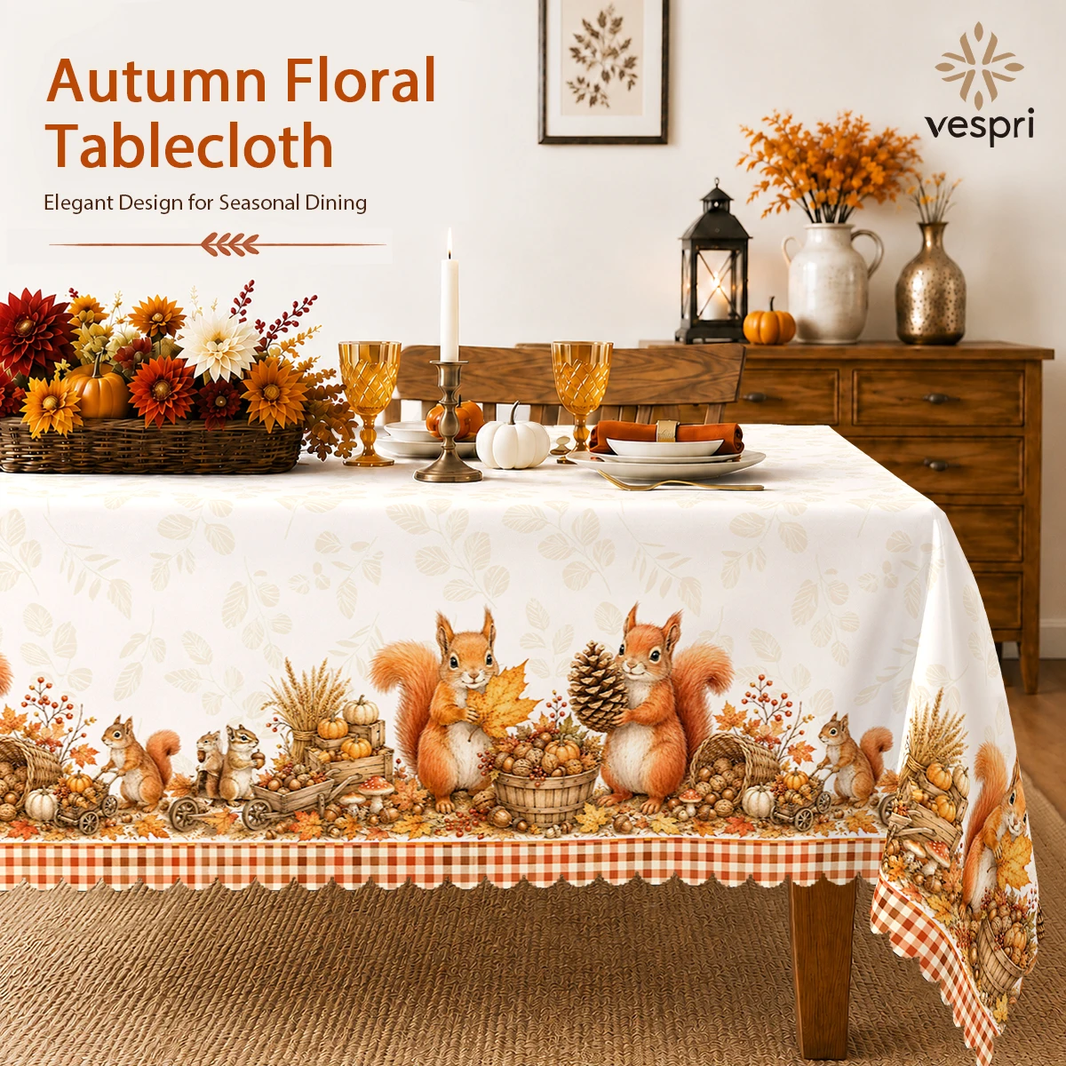 Woodland Tablecloth with Squirrels, Foxes and Sunflowers for Indoor/Outdoor Camping decor, Rectangular/Round/Oval