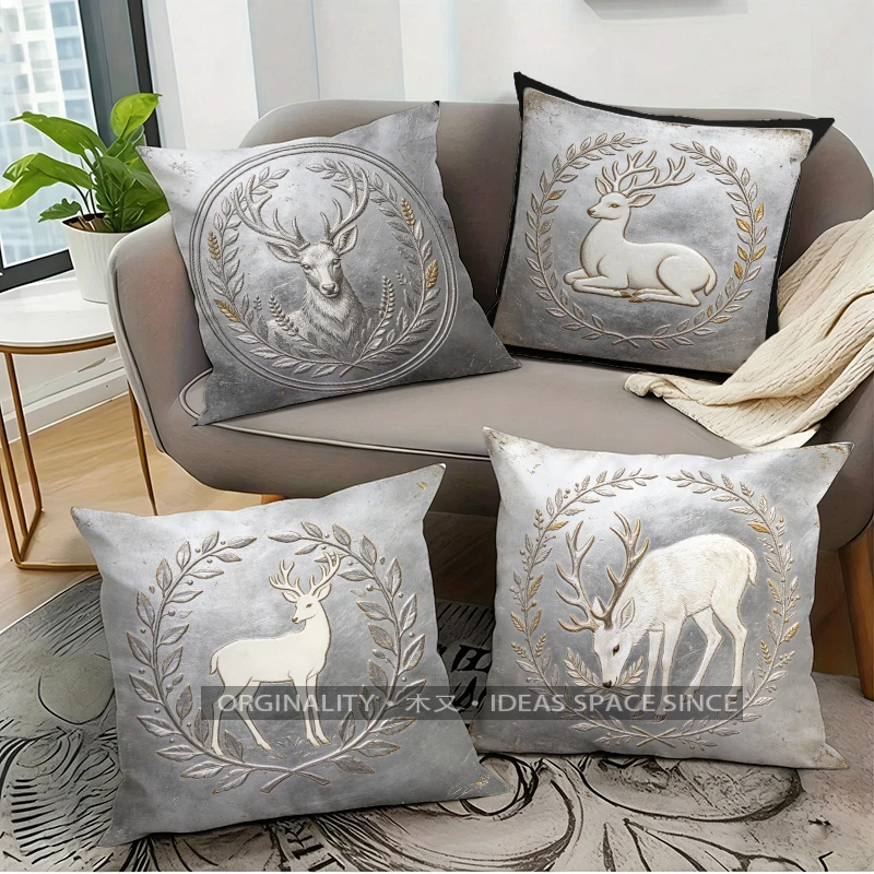 Vintage Deer Wreath Pattern Cushion Cover Suitable for Sofa Bedroom Car Pillow Cover