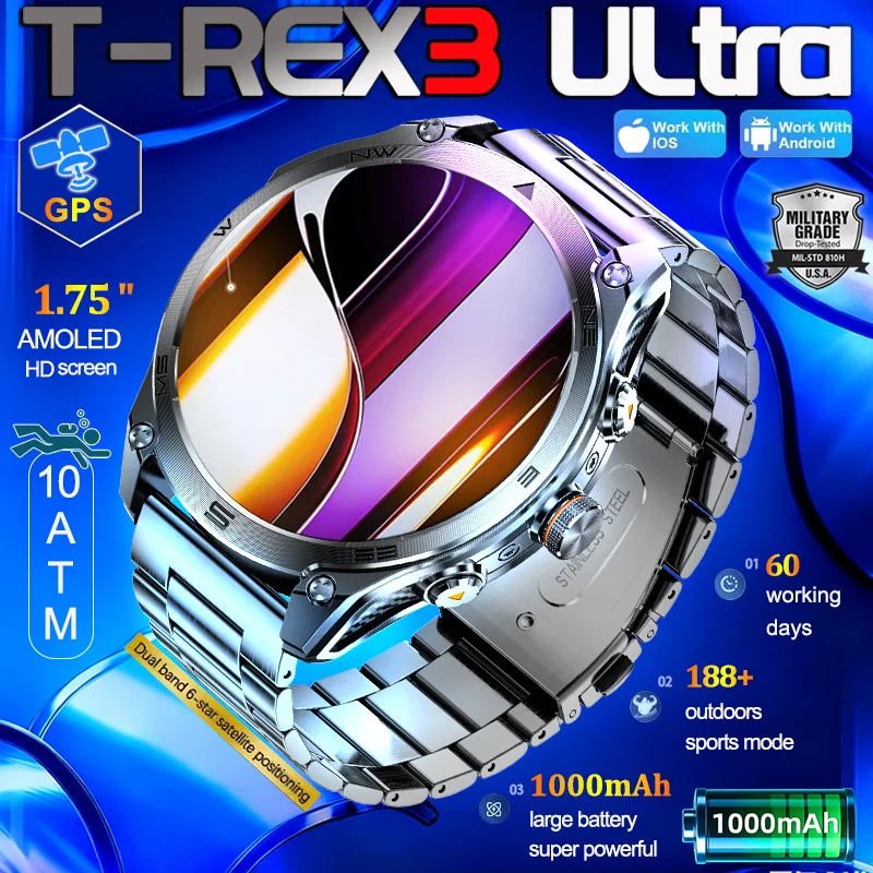 

2025 NEW T-REX3 Built-in Dual-band GPS Sports Smart Watches 1000 mAh Battery Compass Outdoor RIDE Run 10ATM Waterproof Bracelet