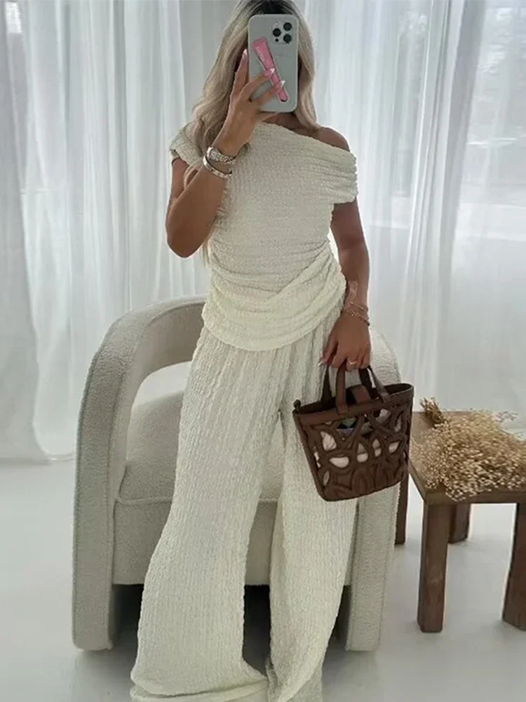 Casual Long Pants Suit Women Loose Solid Elastic Sleeveless Irregular Sets Female Fashion High Waist Puffy Set 2-częściowy zestaw damski