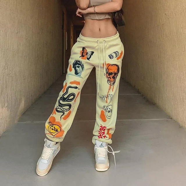 Calça de moletom com estampa caveira feminina, calça de bolso elástica de cintura alta, streetwear, outono 2023