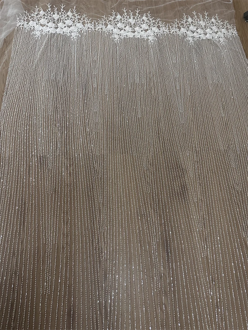 Latest Floral Strip Unique Rich Beaded Embroidery Wedding Dress Lace Fabric DIY Bridal Wear Tulle Mesh Fabric Cloth Material