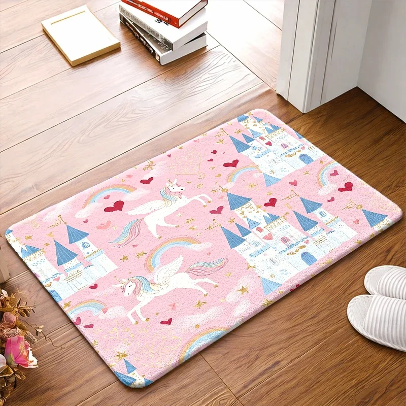 1pc, Cute Unicorn Castle Polyester Floor Mat, Non-Slip Rubber Base, Durable And, Machine Washable, Universal Entrance Mat, Sui