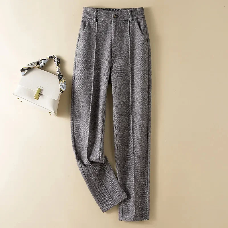 Casual Loose Herringbone Woolen Fabric Pants 2026 Autumn New Haren Pants Women Thicken Warm Elasticity High Waist Black Pants