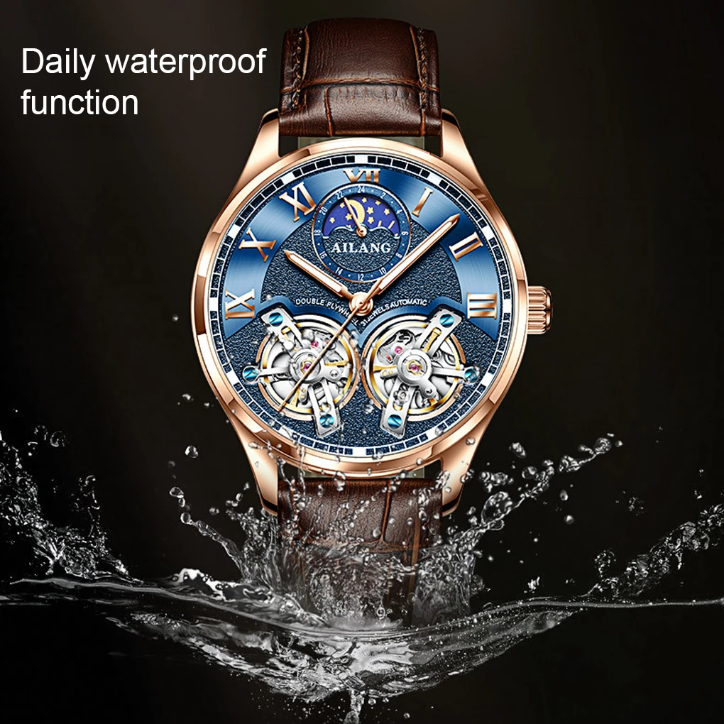 Man Mechanical Watch Leather Strap Easy Matching Adjustable Business Waterproof Wristwatch Clock Birthday Gift