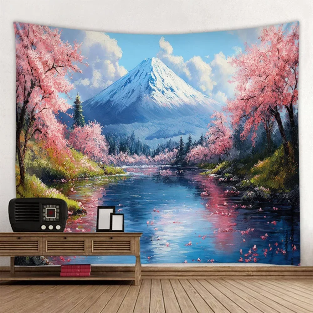 Sakura Mount Fuji Fantasy Tapestry - Zen Living Room Wall Hanging Retro Landscape Art Fabric Background for Decor