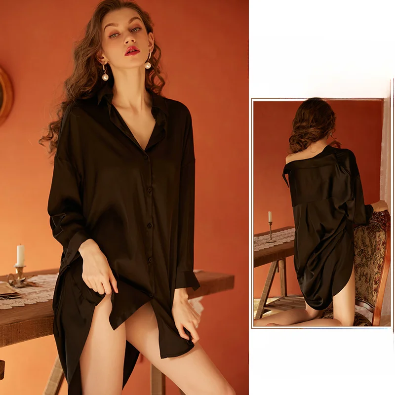 Sexy Boyfriend Style Shirt Pajamas Female Xia Chunyi Thin High-end Loungewear Can Be Worn Outside Large Size