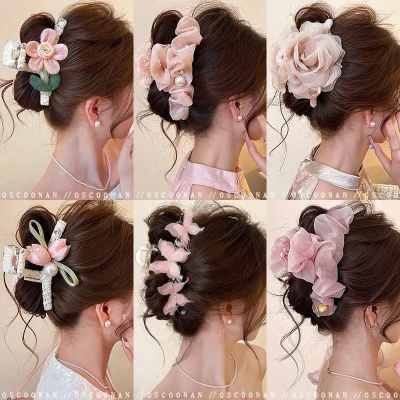 Hot Selling Temperament Sweet Rose Camellia Gripping Clip Large Shark Clip High-end Hair Style Headdress Gift Wholesale