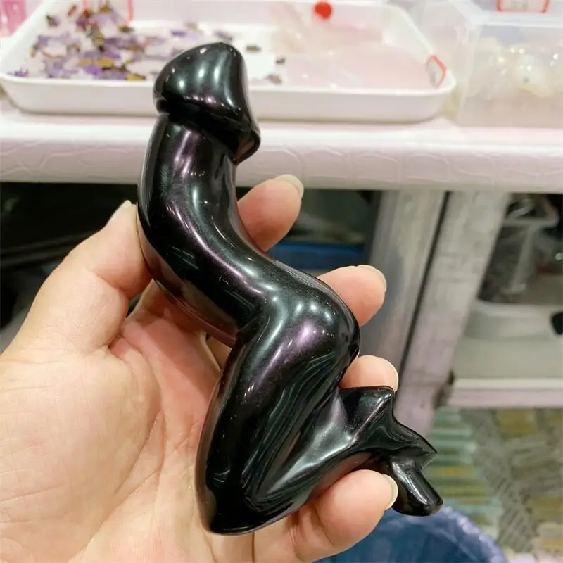 Natural Obsidian Penis Dinosaur Quartz Crystal Polished Healing Decoration Hand Carved Dick Testicle 1pcs