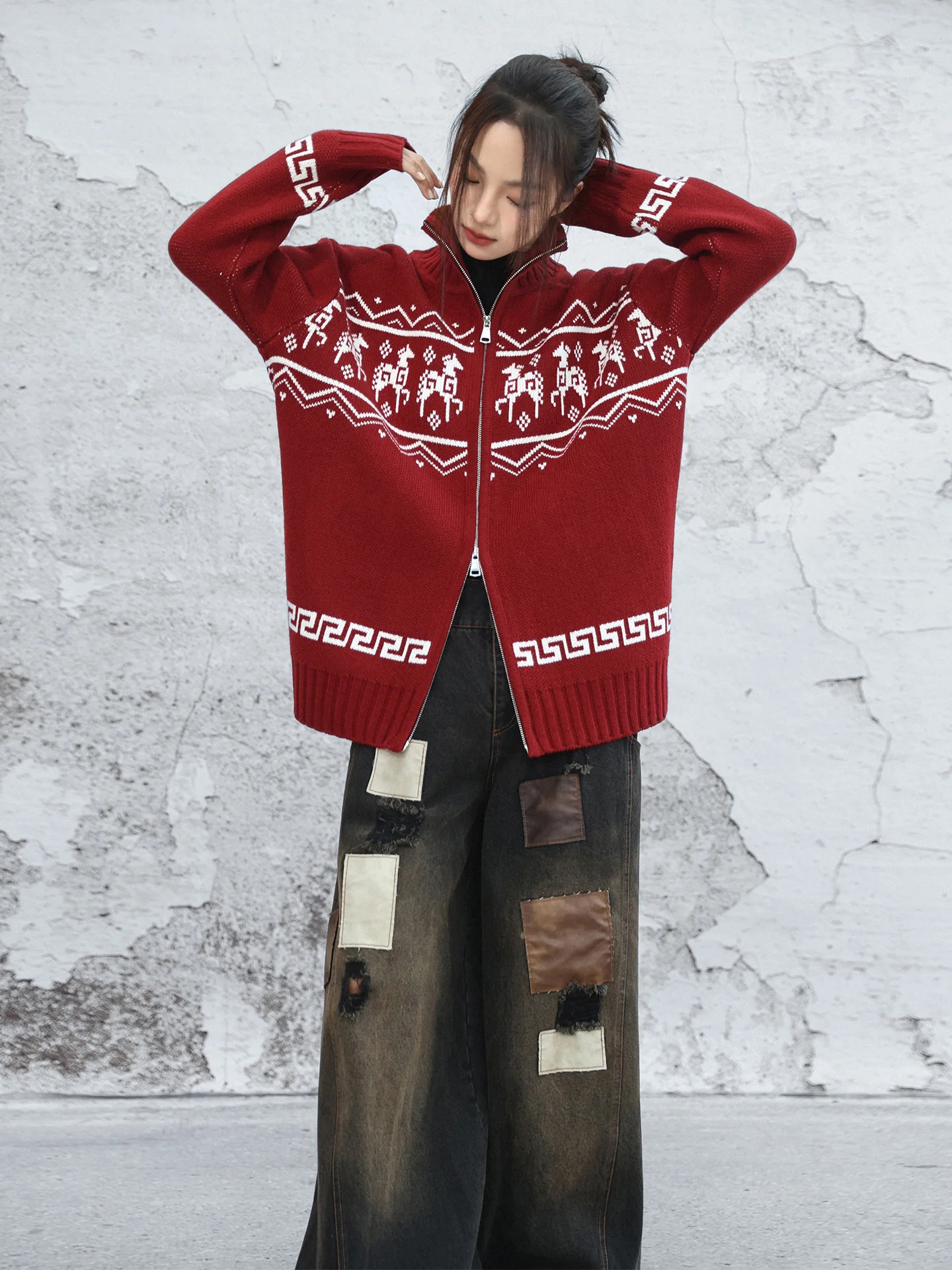 

Red Zipper Island Sweater Women's Winter Pattern Double Head Zipper Top Loose Fit Commute Sle Regular Sve Long