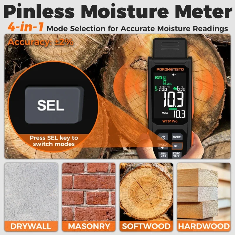 POROMETISTO WT01Pro Wood Moisture Meter,2 in 1 Pin & Pinless Moisture Tester,Digital Humidity Detector Non-contact Timber Damp