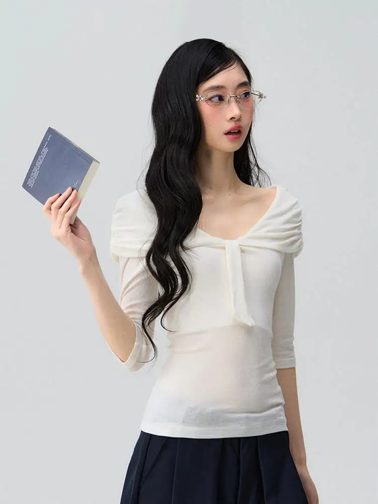 oioi-e-women's-slim-fit-v-ne-t-irt-with-awl-collar-sa-thin-mid-sve-pure-color-casual-faion-spring-summer