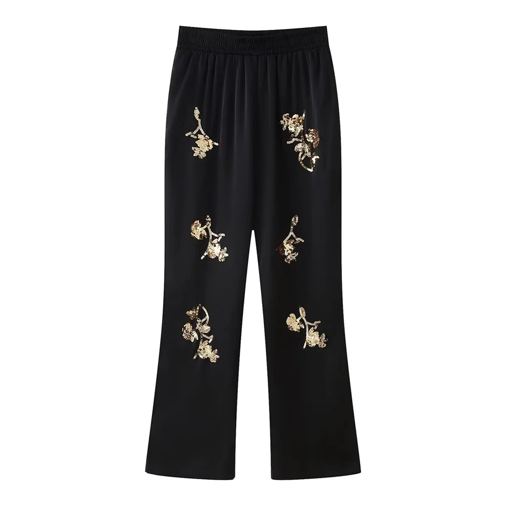 PB&ZA 2024 Spring New Women\'s Fashion temperament casual versatile sequin embroidered satin shirt straight leg pants set
