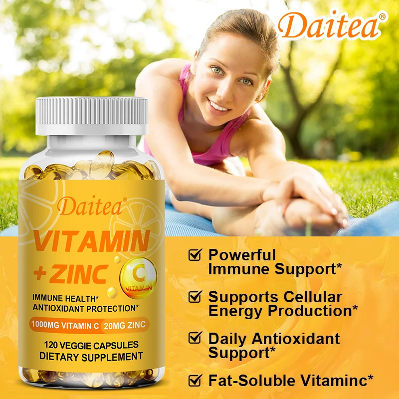 Vitamin C + Zinc Supplement - Immune System and Energy Levels, Antioxidant, Improve Body Resistance - 120 Capsules