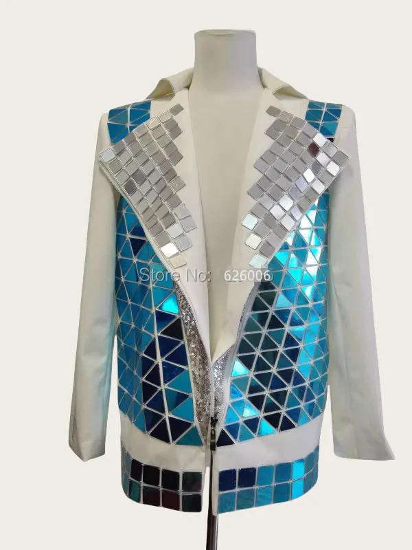 Customized Handmade Men's Mirror Lens Jacket Costumes Nightclub Bar Male Singer DJ White Suit Party Show Stage Performance Coat