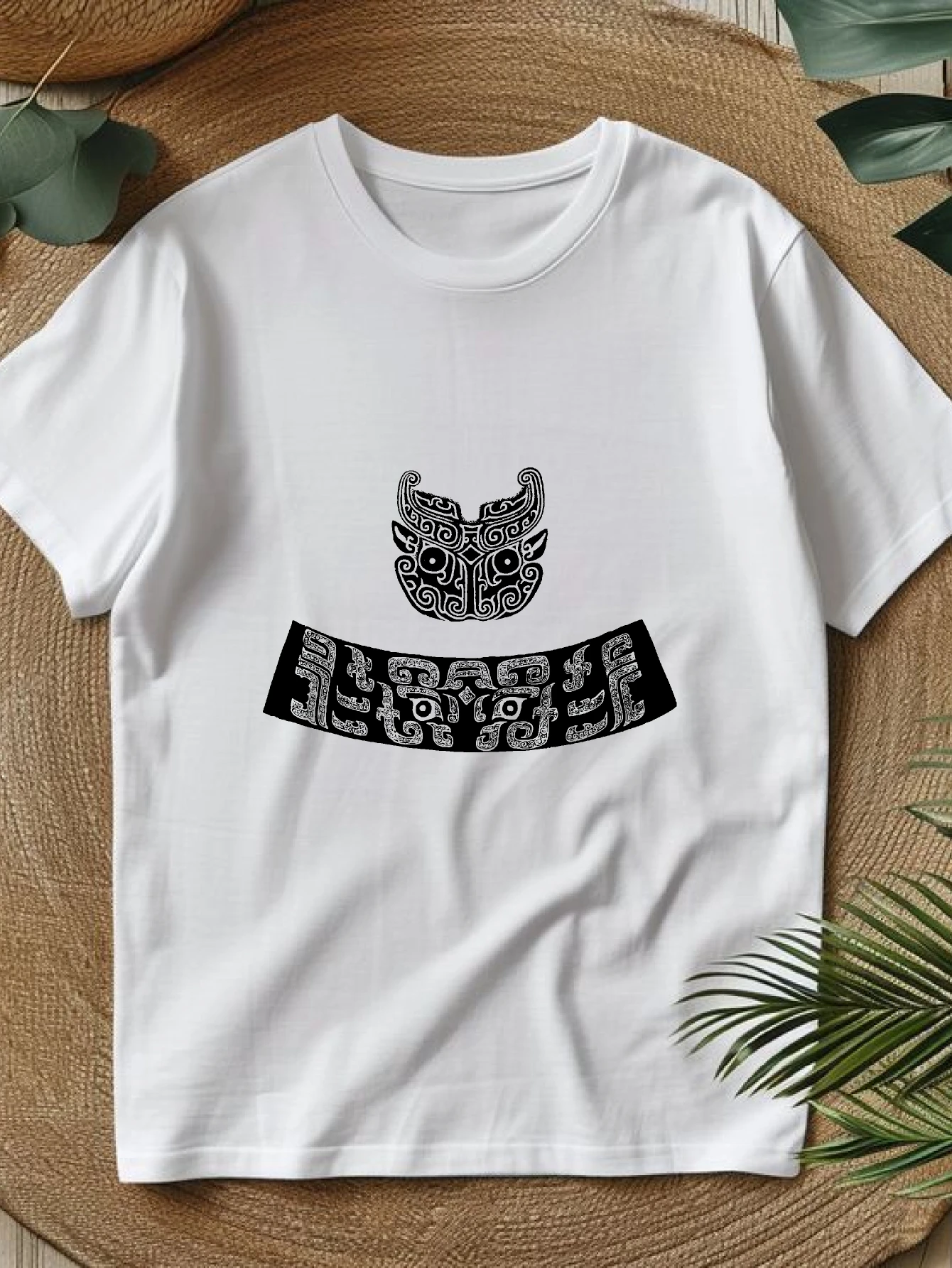 

Women's T-shirts Chinese style four seasons Women's clothing Vintage Casual 100% cotton Tribal Mask Design Artwork printed te