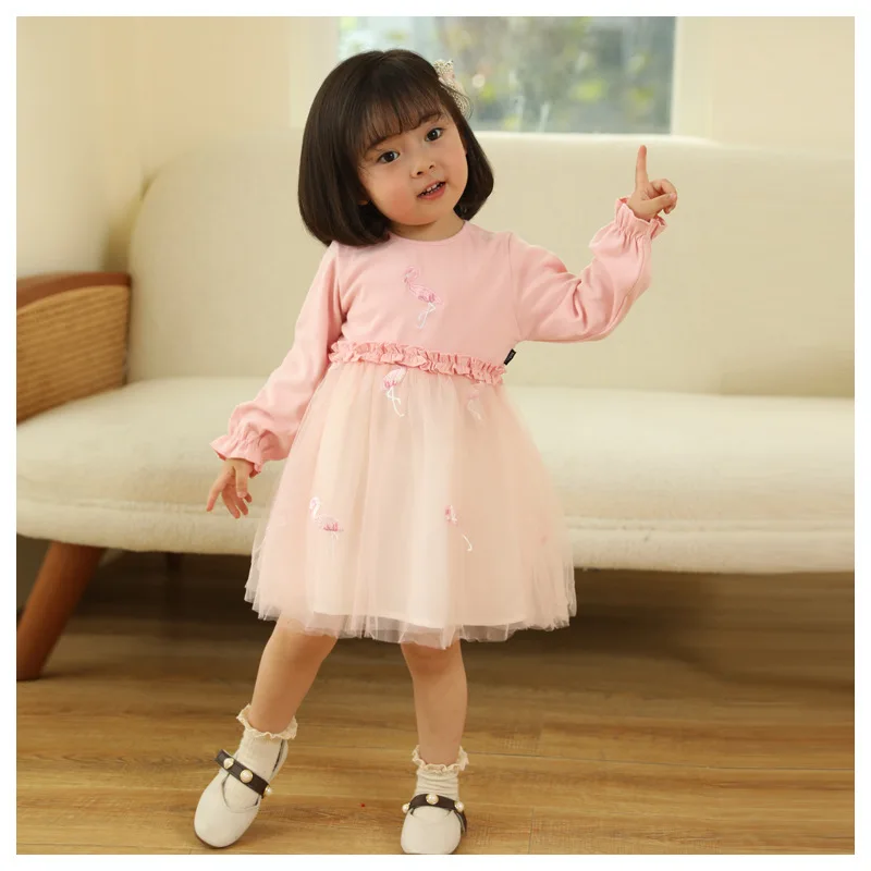 Spring Girls Long Sleeved Love Dress Red Cute Baby Dress 1-6 Years Old Girls Fluffy Mesh Skirt Sweet Children Clothing