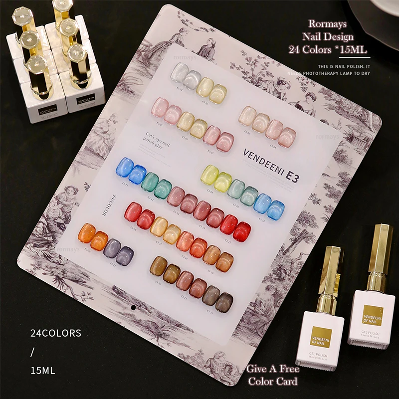 

Rormays Autumn Winter Cat's Eye gel Polished 24PCS Semi Permanent Varnish Glass Beads Shiny Colored Cat's Eye UV LED Whitening