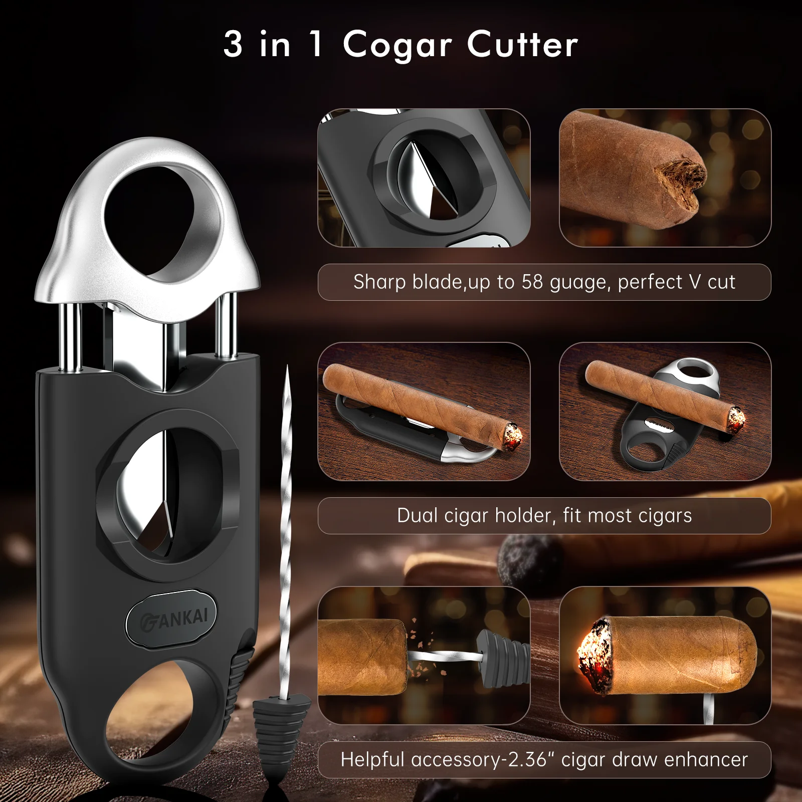 Cigar Lighter and Cutter Set, Torch Lighter Built in Cigar Punch,V Cut with Dual Cigar Stand,Cigar Draw Enhancer,Butane Lighter