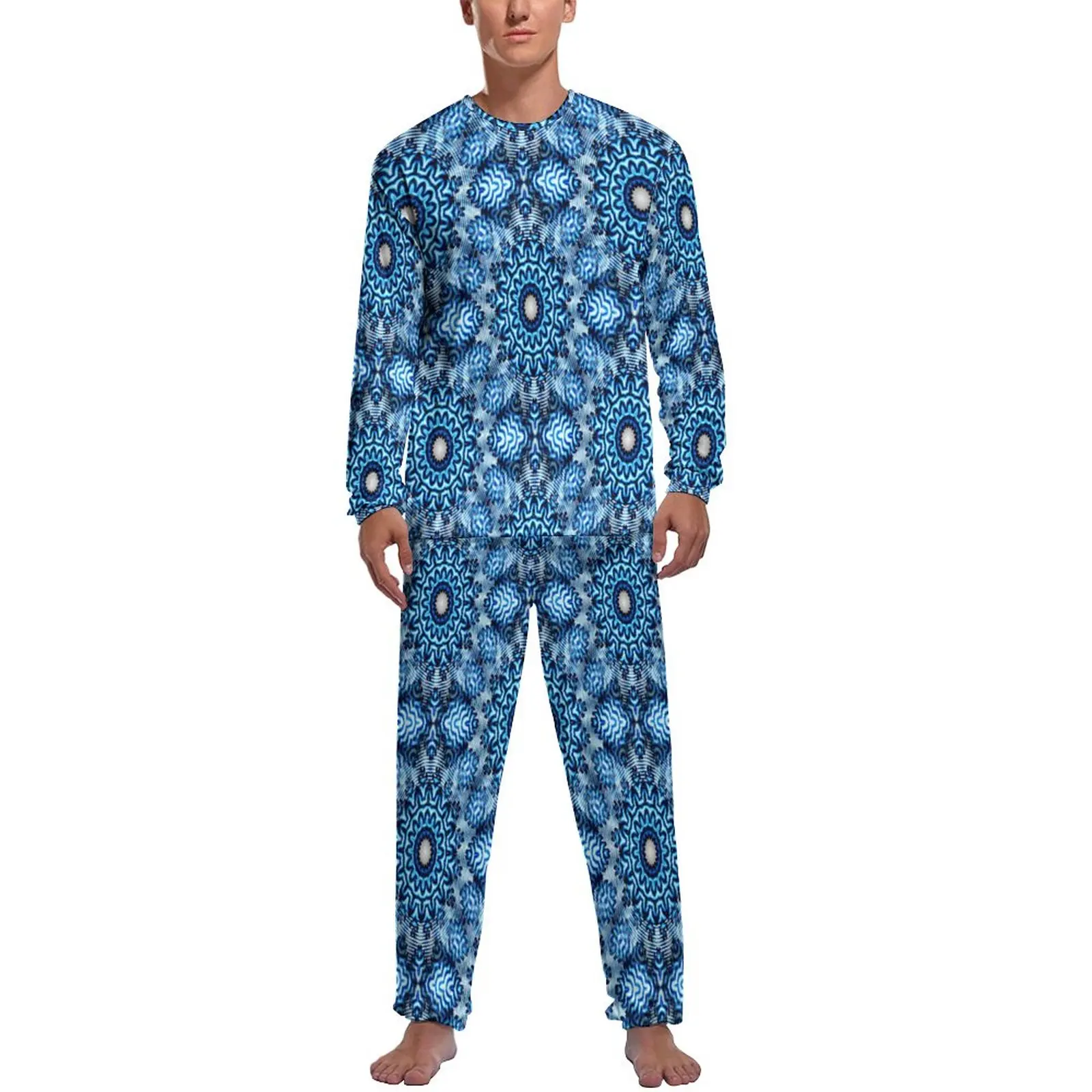 

Blue Snowflake Pajamas Long Sleeve Christmas Print 2 Pieces Home Pajamas Set Spring Male Pattern Kawaii Nightwear