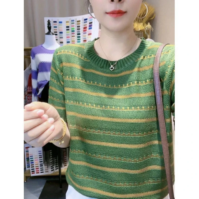 2024 Summer South Korean Commuter Leisure Fashion Knitted Short Sleeved Round Neck Stripe Spliced Colored Women's T-shirt Top