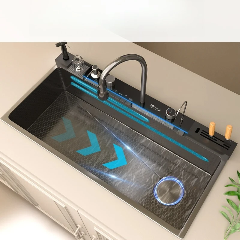 

Кухонная мойка из нержавеющей стали с водопадным изливом, рельефная, очень большая, с одной чашей, современная, с цифровым дисплеем, многофункциональная