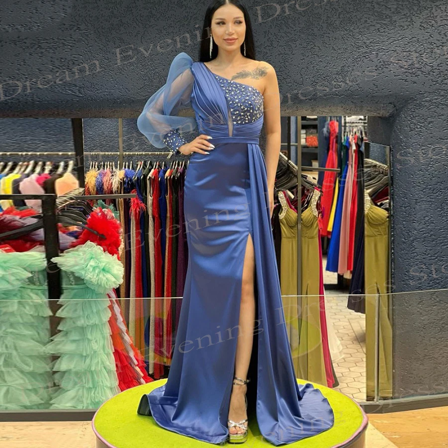 Vestido de noche de sirena para mujer, traje de un hombro con cuentas, plisado, con abertura, elegante y a la moda, color azul