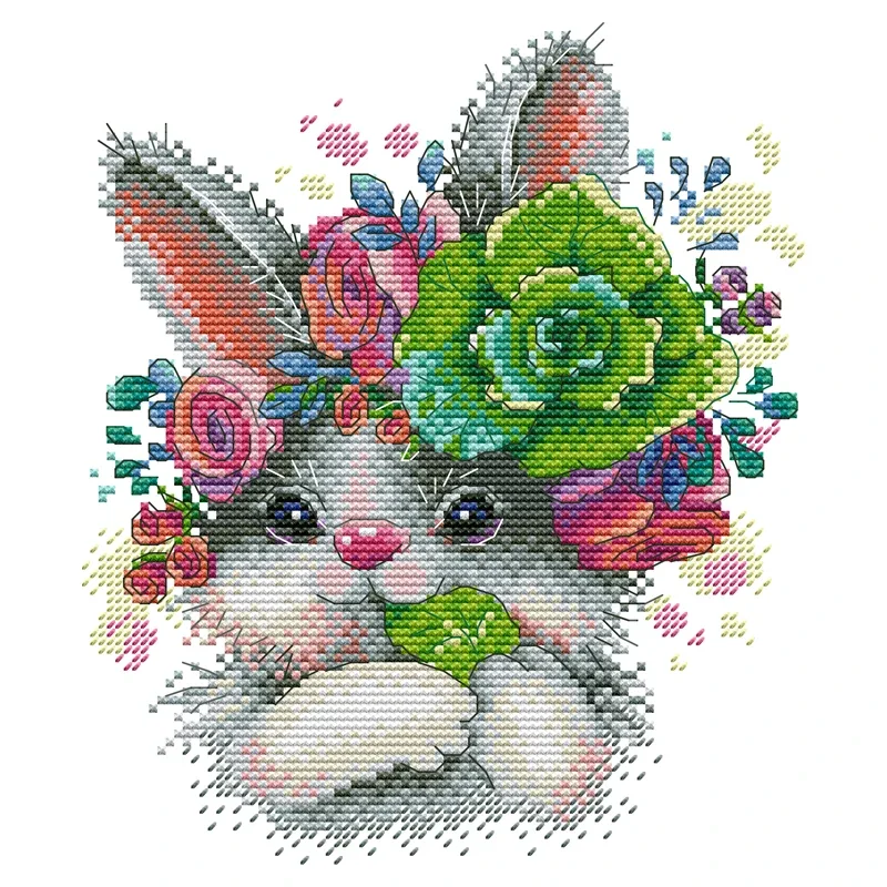 Joy Sunday-Cross Stitch Kit,Charming Bunny, White Print Fabric, Embroidery Needlework Sets, Decor Sets, 14CT,11CT