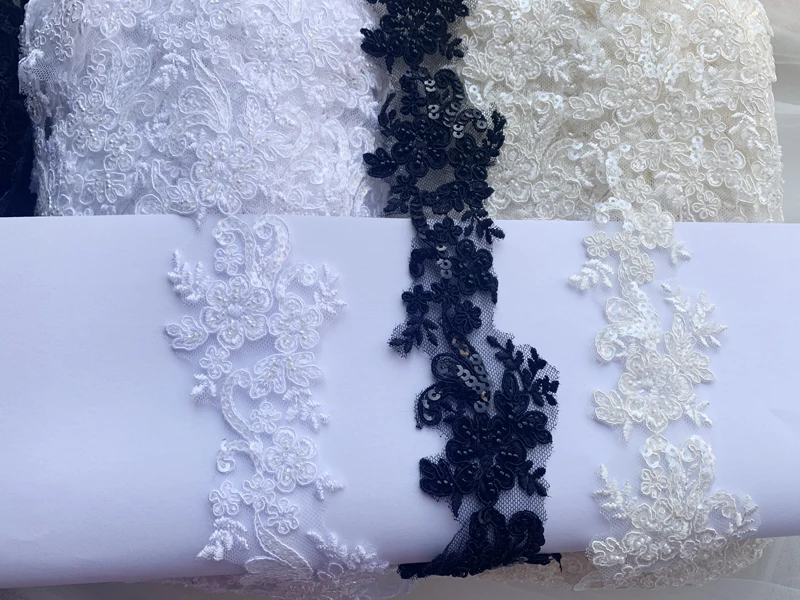 Beaded Bridal Flower Lace Trim, DIY Veil, Sewing Accessories, High Quality Rayon, Wedding Dress, Pure White and Black, RS1338