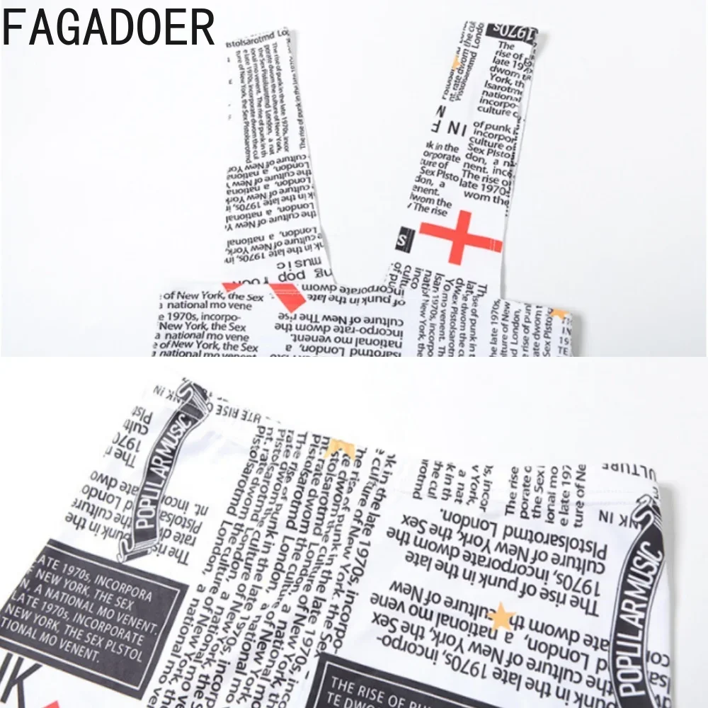 FAGADOER Newspaper Printed Sexy Two Piece Set Women Hipster Low Neck Sleeveless Crop Tops+High Waist Slim Shorts Y2k Streetwear