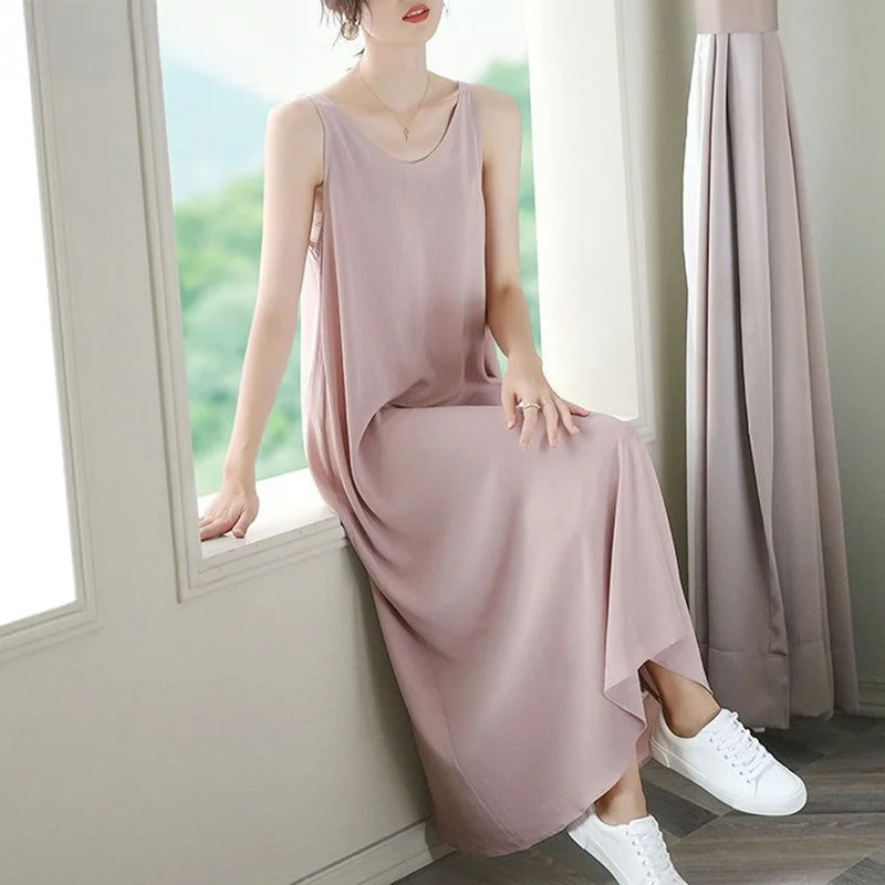 

Summer Long Vest Strap Dress Women's New Loose Sleeveless Beautiful Back Knee-Length Skirt A-Line Skirt City Walk Dress
