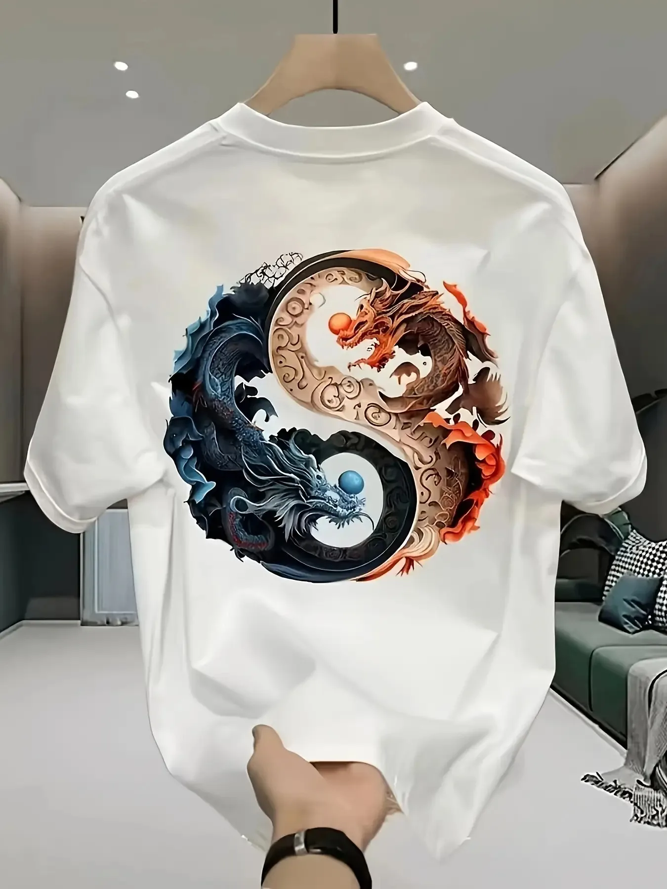 Мужская хлопковая футболка — уличная модная футболка с рисунком дракона Инь Ян, свободная рубашка с круглым вырезом, подходит для повседневного и официального ношения