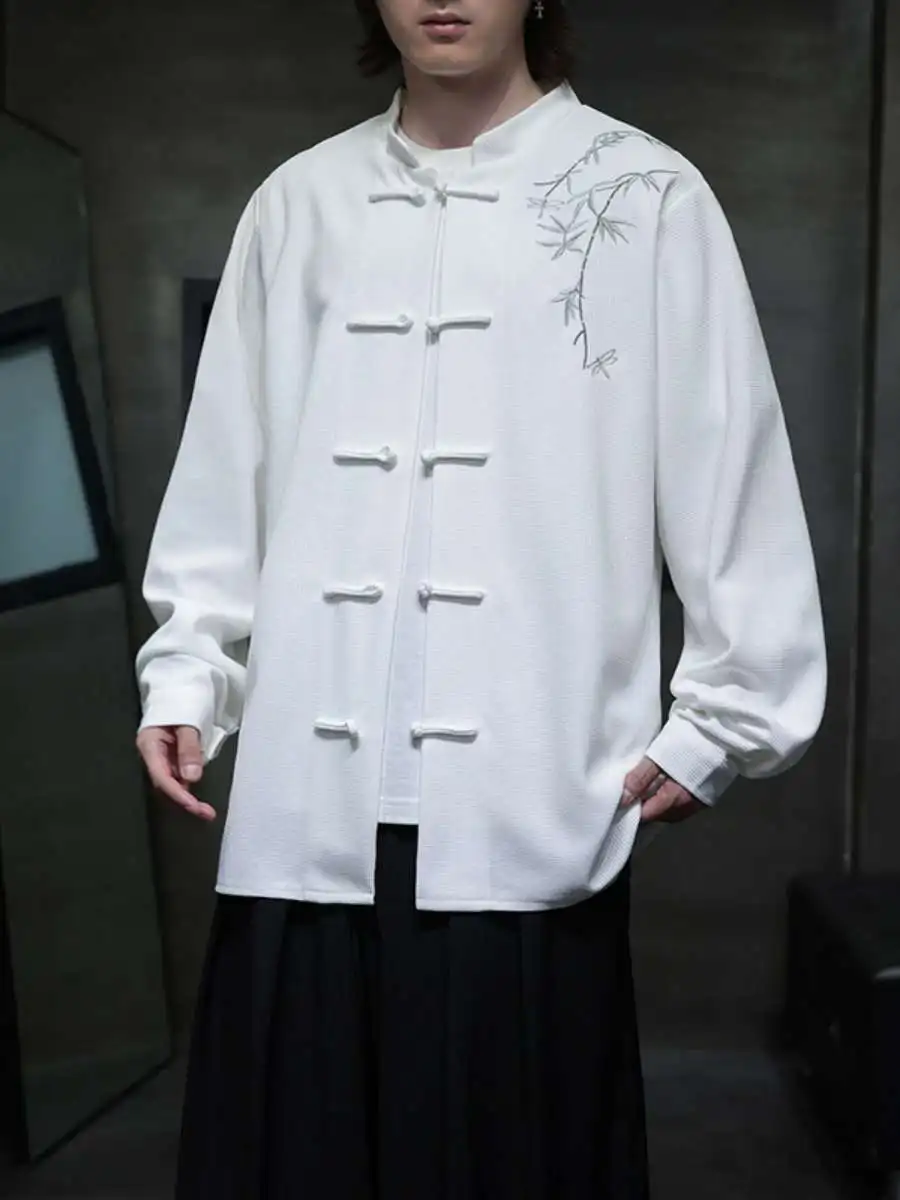 

Loose Fit Long Sve Men's irt Spring Autumn Faion Brand Embroidered Button up Outerwear Casual Wear Stand Collar