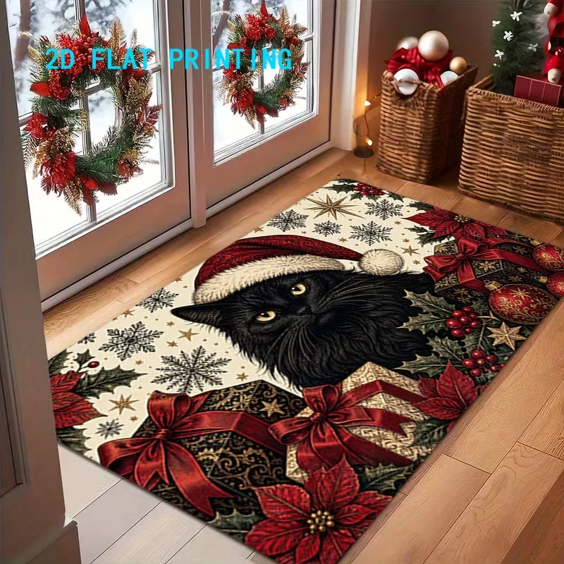 Vintage Christmas Black Cat Santa Hat Doormat Poinsettia Snowflake Holiday Rug Xmas Decor Welcome Mat for Indoor Front Door