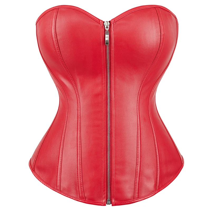 Black Red Mature Women Push Up Chest Binder Corsets Shapewear Synthetic Leather Corset Zip Top