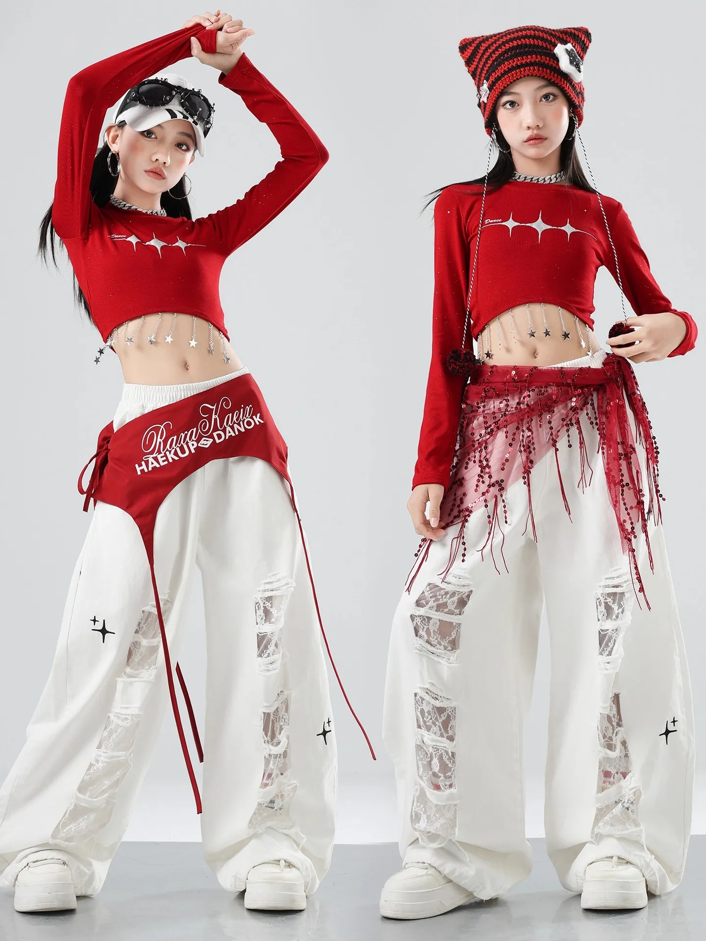 

2025 New Girl Jazz Dance Clothes Street Dance Suit Hip-hop Red Long Sleeve Top Ripped Pants Catwalk Show Wear Costumes DQL11997