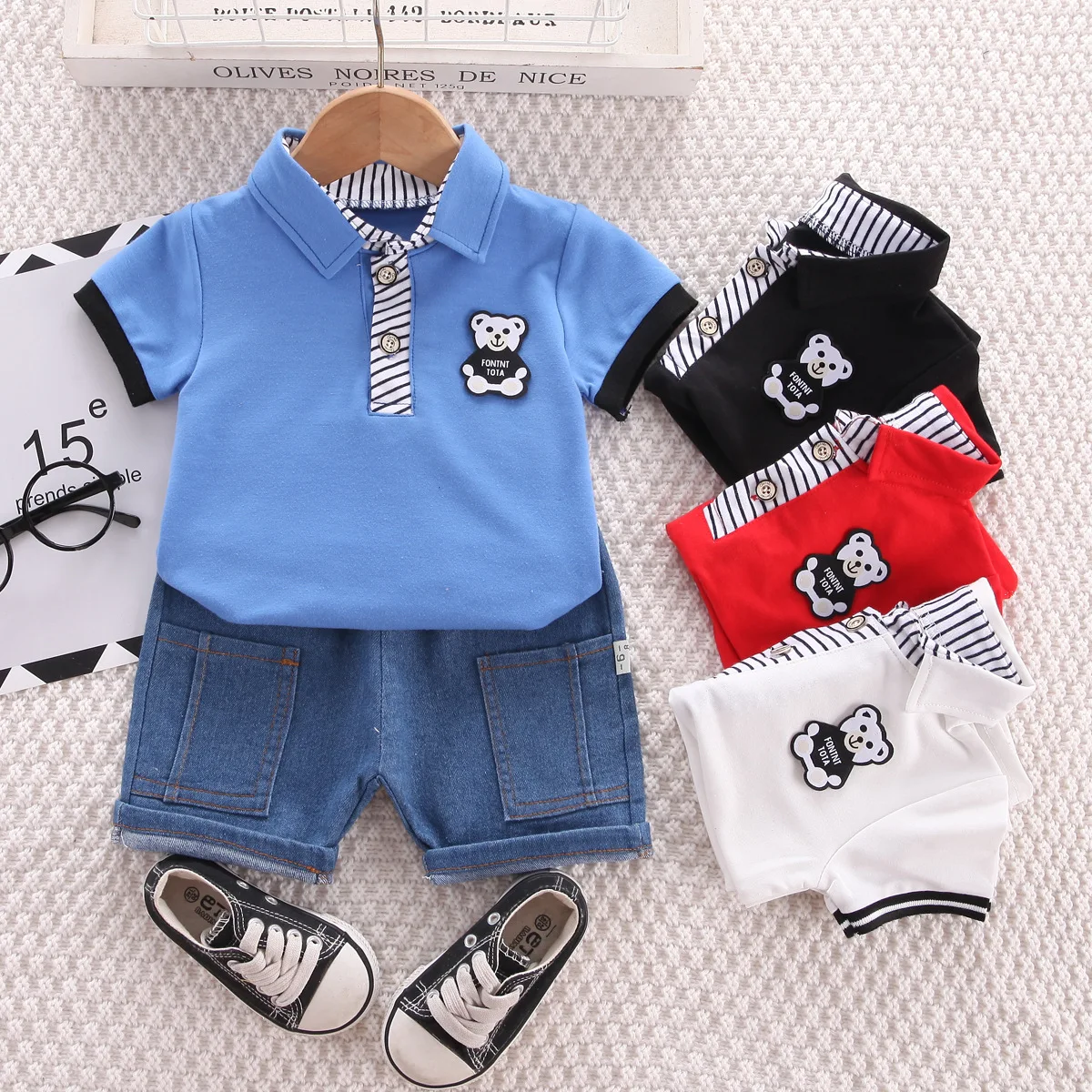 

2024 Summer Children Clothing Suit Baby Boy Fashion Cartoon Bear Lapel Patchwork Polo Shirt Denim Shorts 2Pcs/Set Kids Tracksuit