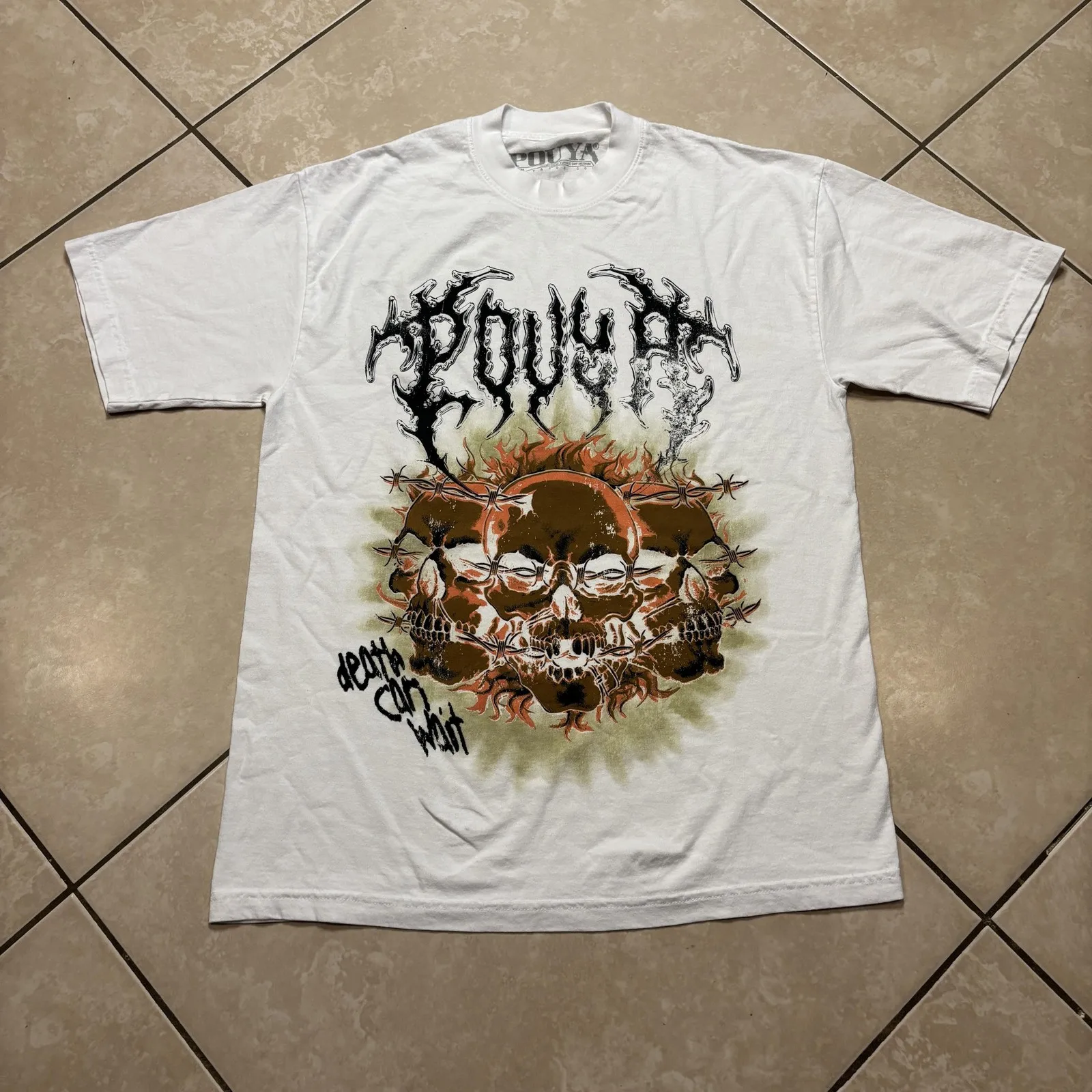 

Pouya Shirt Mens Medium White Death Can Wait Skull Graphic Rap Merch Rap NWOT