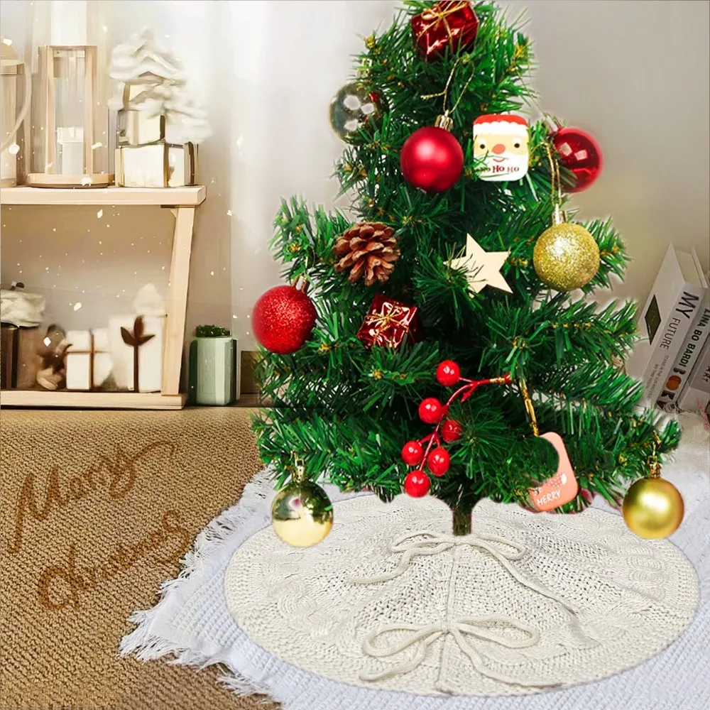 18 in Knitted Christmas Tree Skirt Red/White Polyester Xmas Tree Foot Cover Round Christmas Tree Carpet Living Room