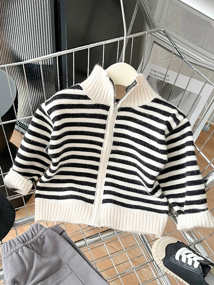 Toddler Children\'s Sweater Autumn Winter Fashion Baby Striped Knit Cardigan Coat High Collar Zipper Infant Warm Cotton Clothes