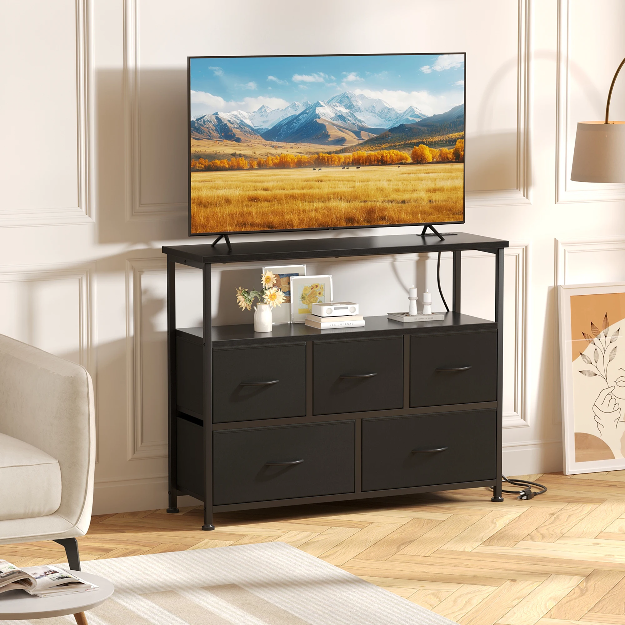 JHK TV Stand 5 Fabric Dresser with Charging Station Media Console Featuring Open Shelf Storage Drawers Cabinet with Compact Entertainment Unit for Bedroom Living Room
