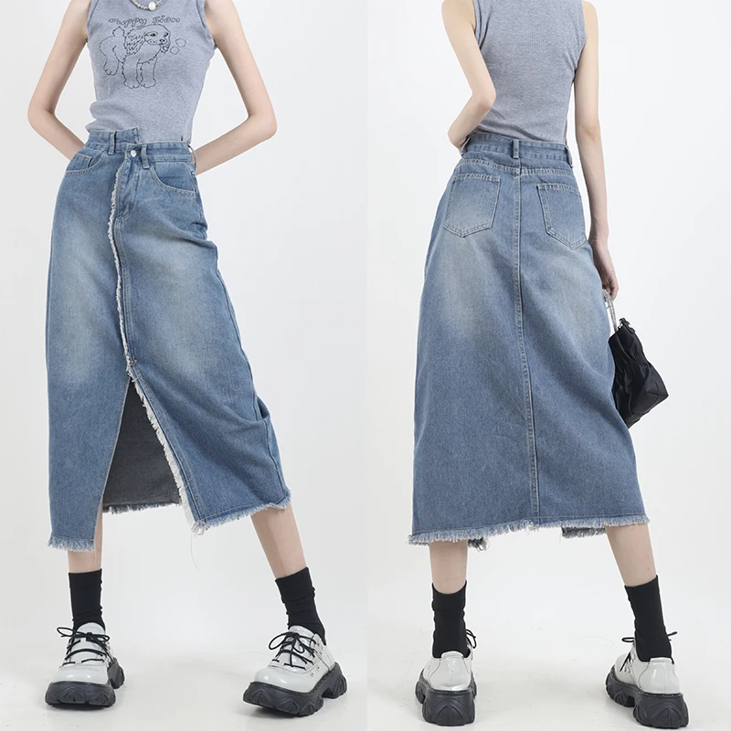 

2024 Woman High Waist Fashion Streetwear Slit Skirts Girls Zevity Trashy Y2k 2000s Skirts Female Elegant Blue Denim A Line Dress