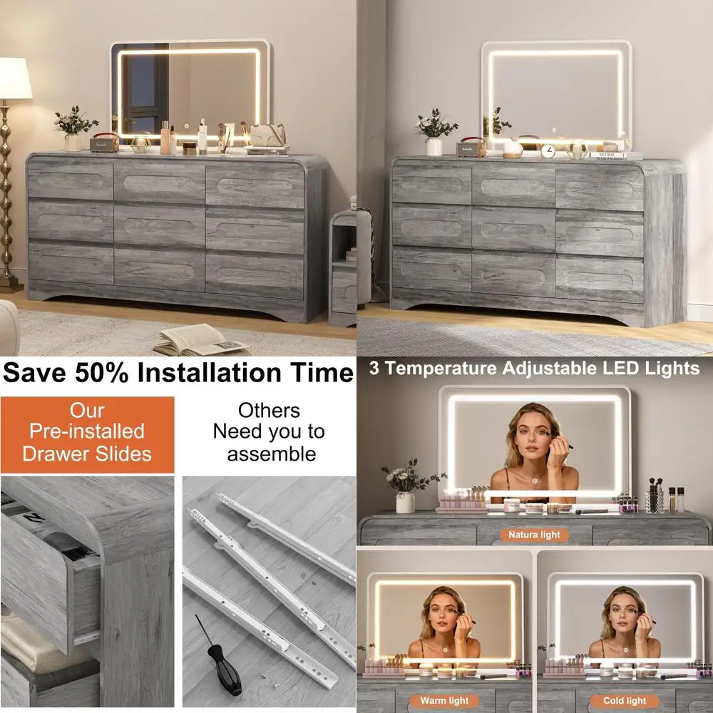 

Широкий комод на 9 ящиков (63 дюйма) с зеркалом и подсветкой, деревянная мебель для спальни, большой ящик для хранения для гостиной, серый