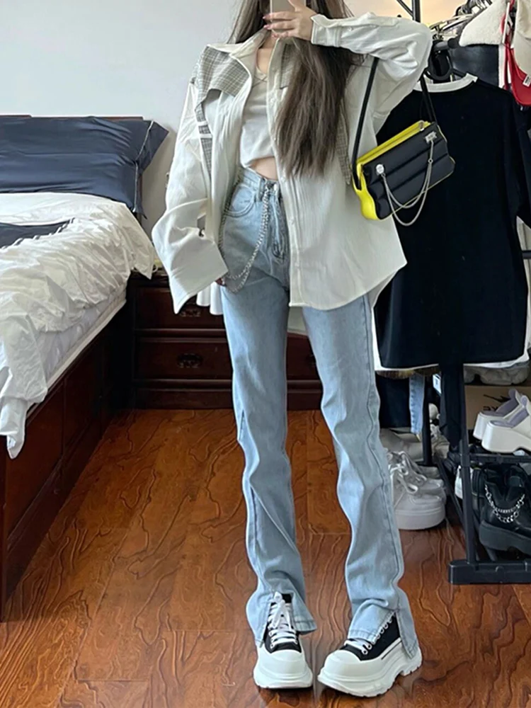 

Джинсы женские с высокой талией и разрезом, весна-осень 2023, новые, длинные, в пол, прямые, стройнящие, повседневные, модные